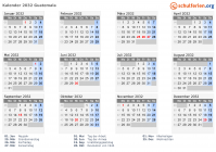 Kalender 2032 mit Ferien und Feiertagen Guatemala