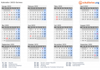 Kalender 2032 mit Ferien und Feiertagen Guinea