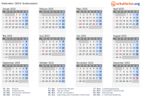 Kalender 2032 mit Ferien und Feiertagen Indonesien