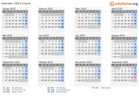 Kalender 2032 mit Ferien und Feiertagen Irland