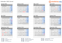 Kalender 2032 mit Ferien und Feiertagen Israel