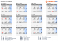 Kalender 2032 mit Ferien und Feiertagen Japan