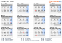 Kalender 2032 mit Ferien und Feiertagen Jemen
