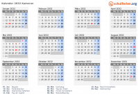 Kalender 2032 mit Ferien und Feiertagen Kamerun