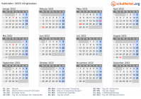 Kalender 2032 mit Ferien und Feiertagen Kirgisistan