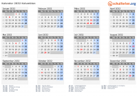 Kalender 2032 mit Ferien und Feiertagen Kolumbien
