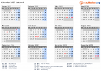 Kalender 2032 mit Ferien und Feiertagen Lettland