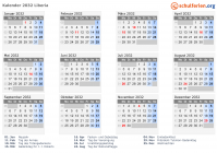 Kalender 2032 mit Ferien und Feiertagen Liberia