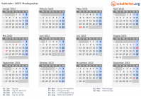 Kalender 2032 mit Ferien und Feiertagen Madagaskar