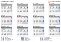 Kalender 2032 mit Ferien und Feiertagen Malawi