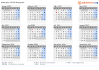 Kalender 2032 mit Ferien und Feiertagen Mongolei