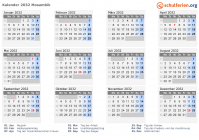 Kalender 2032 mit Ferien und Feiertagen Mosambik