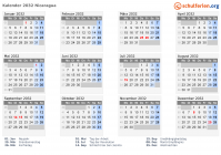 Kalender 2032 mit Ferien und Feiertagen Nicaragua
