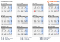 Kalender 2032 mit Ferien und Feiertagen Niger