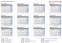 Kalender 2032 mit Ferien und Feiertagen Panama