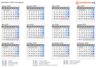 Kalender 2032 mit Ferien und Feiertagen Paraguay
