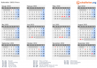Kalender 2032 mit Ferien und Feiertagen Peru