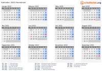 Kalender 2032 mit Ferien und Feiertagen Rumänien