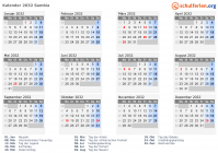 Kalender 2032 mit Ferien und Feiertagen Sambia