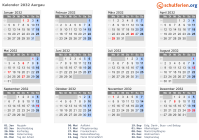 Kalender 2032 mit Ferien und Feiertagen Aargau