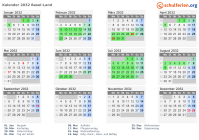 Kalender 2032 mit Ferien und Feiertagen Basel-Land