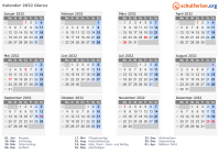 Kalender 2032 mit Ferien und Feiertagen Glarus