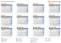 Kalender 2032 mit Ferien und Feiertagen Schweiz