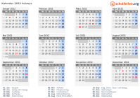 Kalender 2032 mit Ferien und Feiertagen Schwyz
