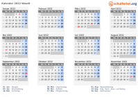 Kalender 2032 mit Ferien und Feiertagen Waadt
