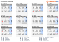 Kalender 2032 mit Ferien und Feiertagen Zürich
