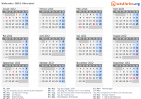 Kalender 2032 mit Ferien und Feiertagen Slowakei