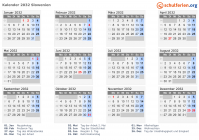 Kalender 2032 mit Ferien und Feiertagen Slowenien