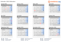 Kalender 2032 mit Ferien und Feiertagen Südsudan