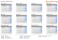 Kalender 2032 mit Ferien und Feiertagen Syrien
