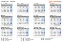 Kalender 2032 mit Ferien und Feiertagen Thailand