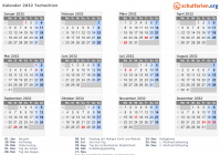 Kalender 2032 mit Ferien und Feiertagen Tschechien