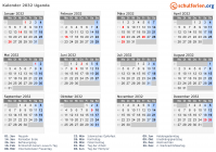 Kalender 2032 mit Ferien und Feiertagen Uganda