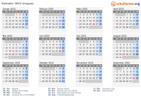 Kalender 2032 mit Ferien und Feiertagen Uruguay