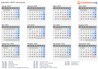 Kalender 2032 mit Ferien und Feiertagen Venezuela