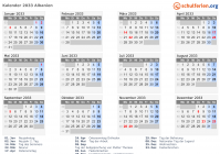 Kalender 2033 mit Ferien und Feiertagen Albanien