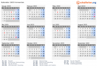 Kalender 2033 mit Ferien und Feiertagen Armenien