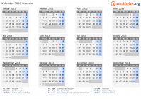 Kalender 2033 mit Ferien und Feiertagen Bahrain