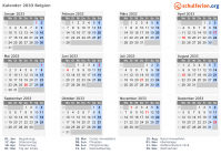 Kalender 2033 mit Ferien und Feiertagen Belgien