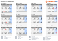 Kalender 2033 mit Ferien und Feiertagen Brasilien