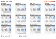 Kalender 2033 mit Ferien und Feiertagen China