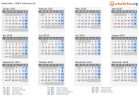 Kalender 2033 mit Ferien und Feiertagen Dänemark