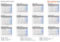 Kalender 2033 mit Ferien und Feiertagen Ecuador