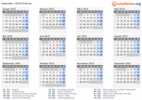 Kalender 2033 mit Ferien und Feiertagen Eritrea