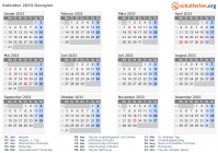Kalender 2033 mit Ferien und Feiertagen Georgien