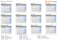 Kalender 2033 mit Ferien und Feiertagen Ghana